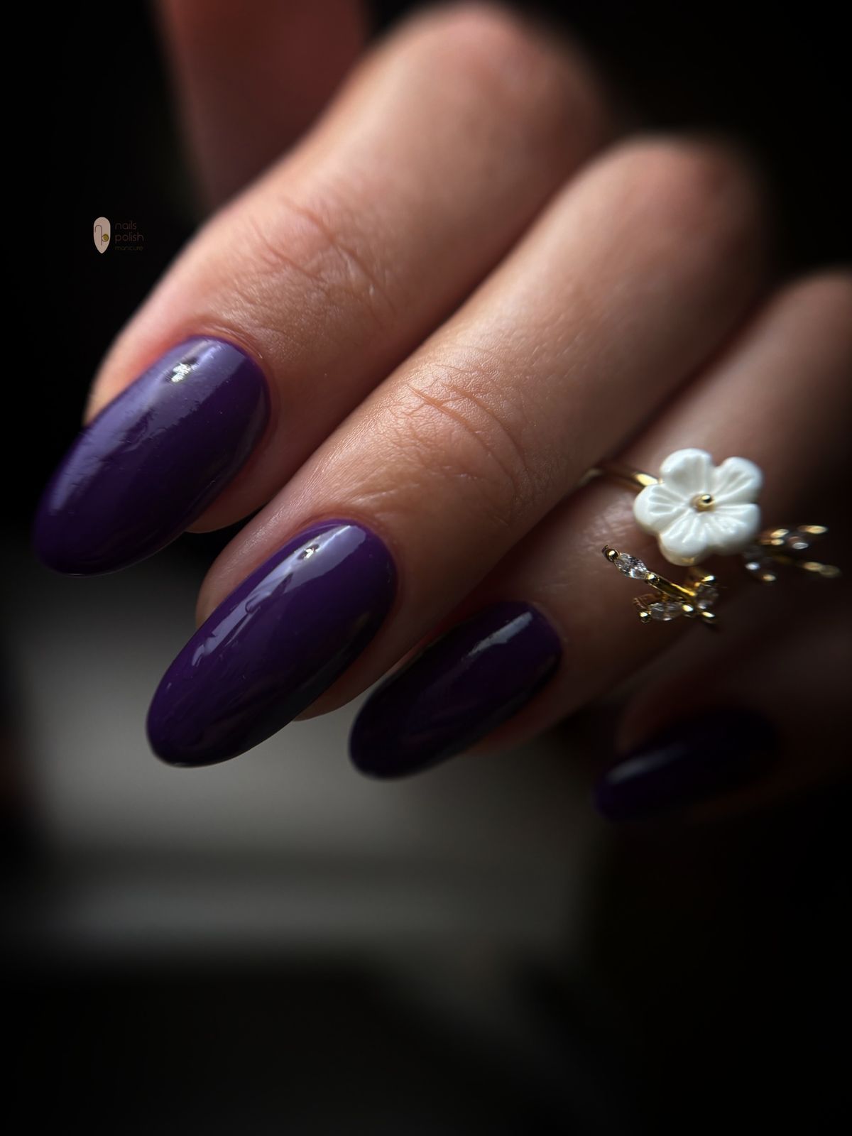 Aubergine amandelnagels met een witte bloemring